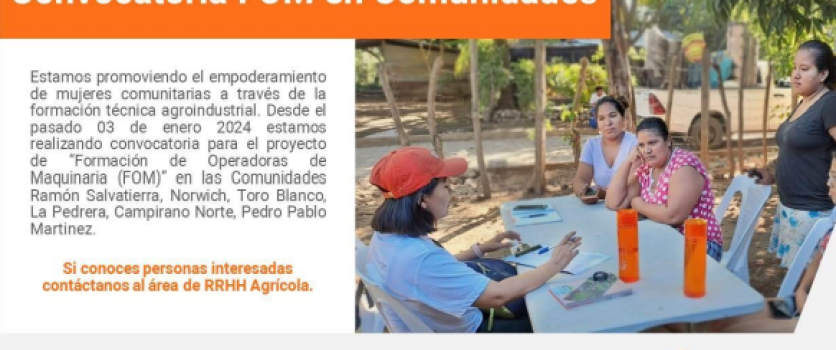 Formación de Operadoras de Maquinaria (FOM) en Nicaragua adopta e implementa las Escuelas Comunitarias del Programa Sembrando Habilidades Transformando Vidas de Ingenio Pantaleón